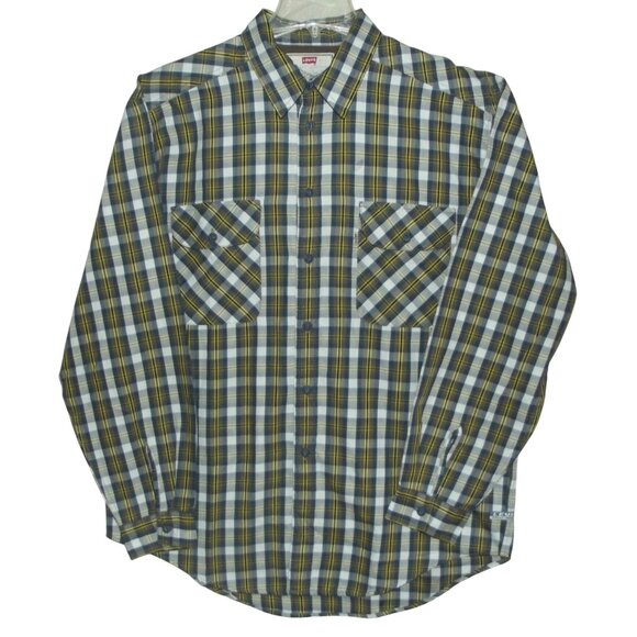 Levis Shirt Mens Size Large Plaid Button-Up Long Sleeve Brown Blue Yellow - Picture 1 of 11